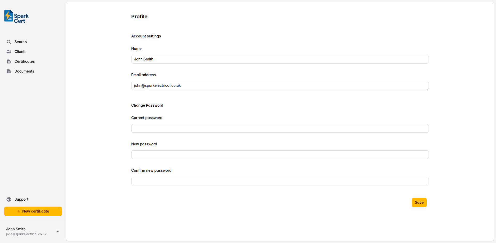 Change password section showing current password, new password, and confirm password fields