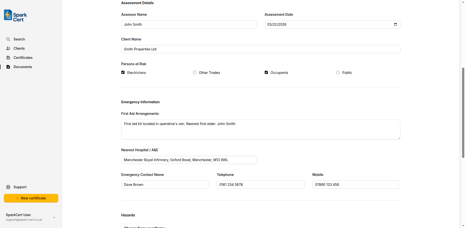 Assessment Details section showing assessor name, date, client name, and persons at risk checkboxes