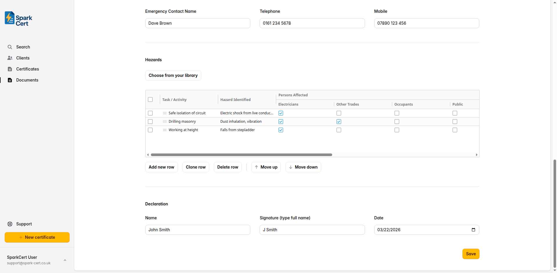 Declaration section showing name, signature, and date fields