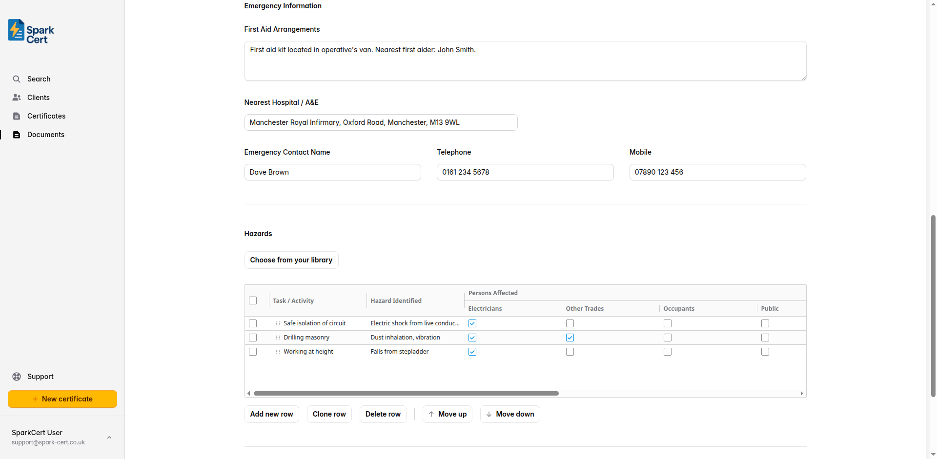 Emergency Information section showing first aid arrangements, nearest hospital, and emergency contact fields