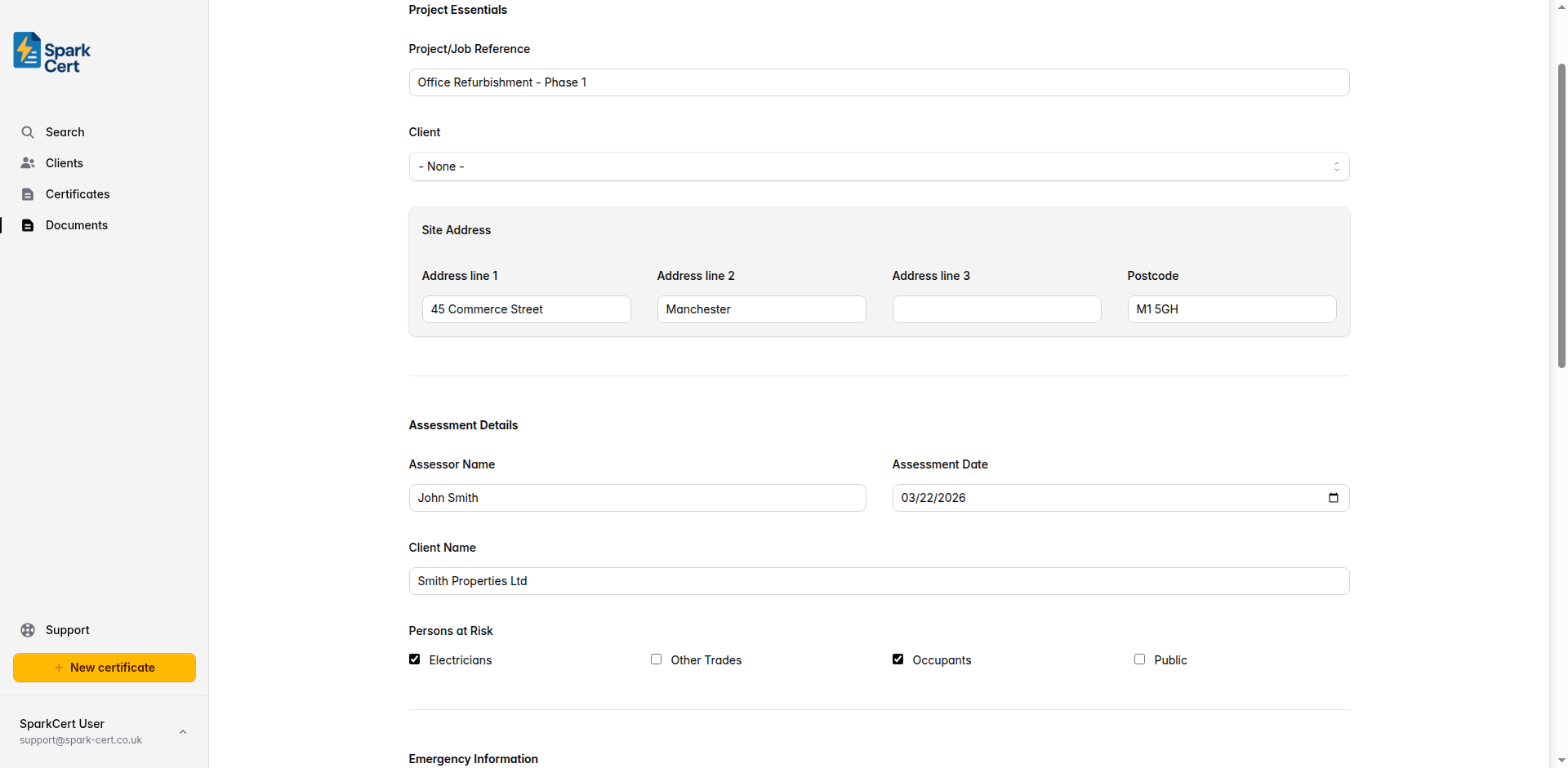 Project Essentials section of the Risk Assessment form showing project reference, client, and site address fields