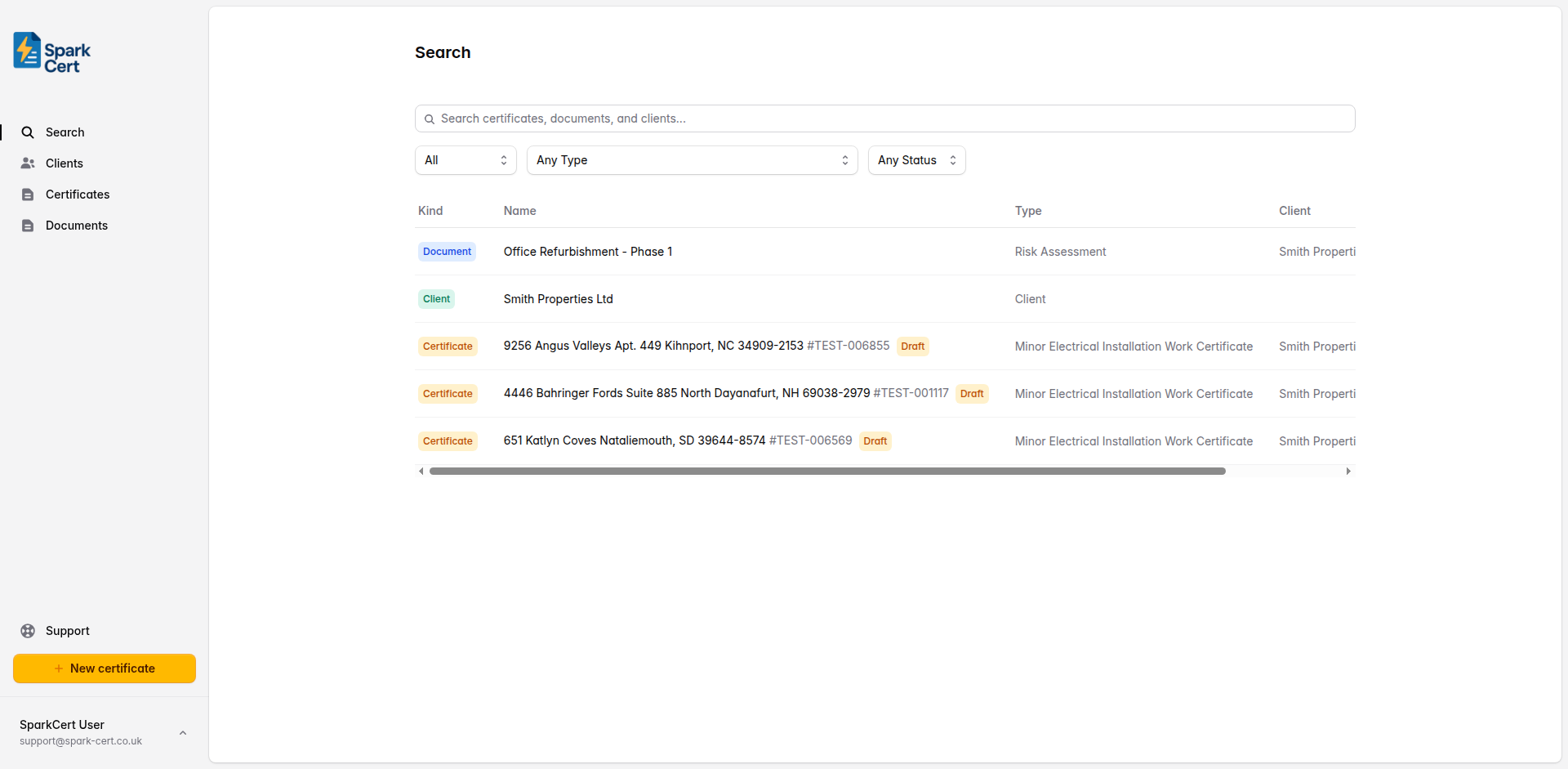 The Search page showing the search bar, filters, and results