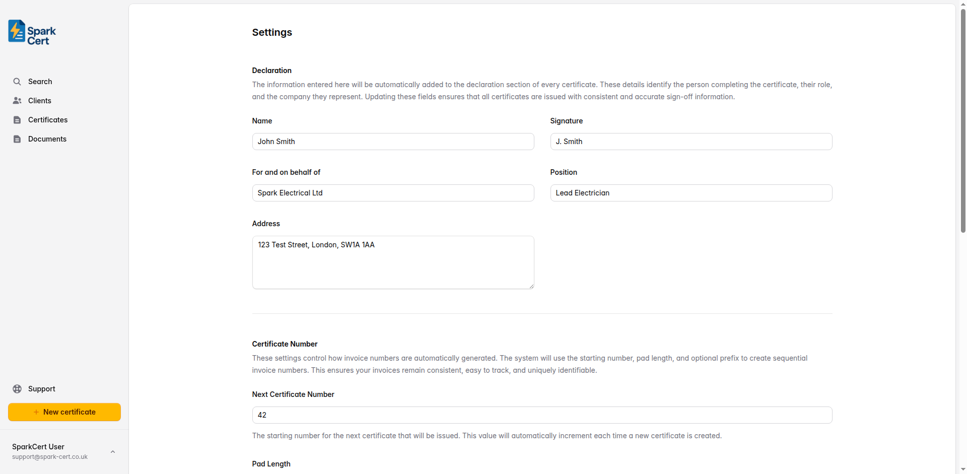 Declaration settings showing name, signature, position, and address fields