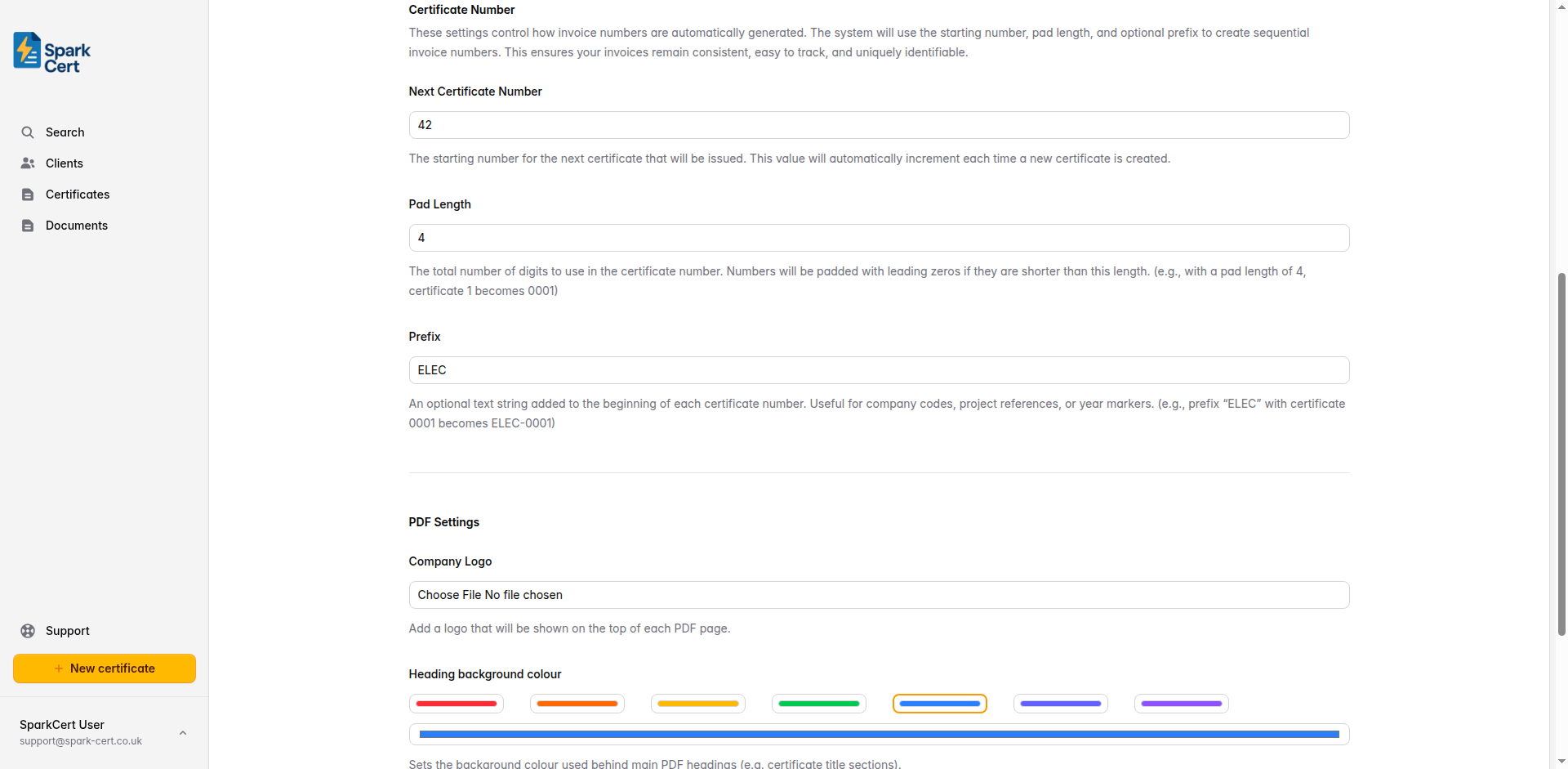 Certificate numbering settings showing prefix, pad length, and next number fields with a preview