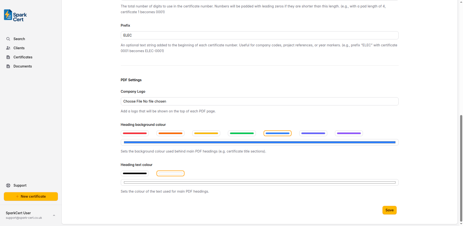 PDF customisation settings showing logo upload and colour pickers