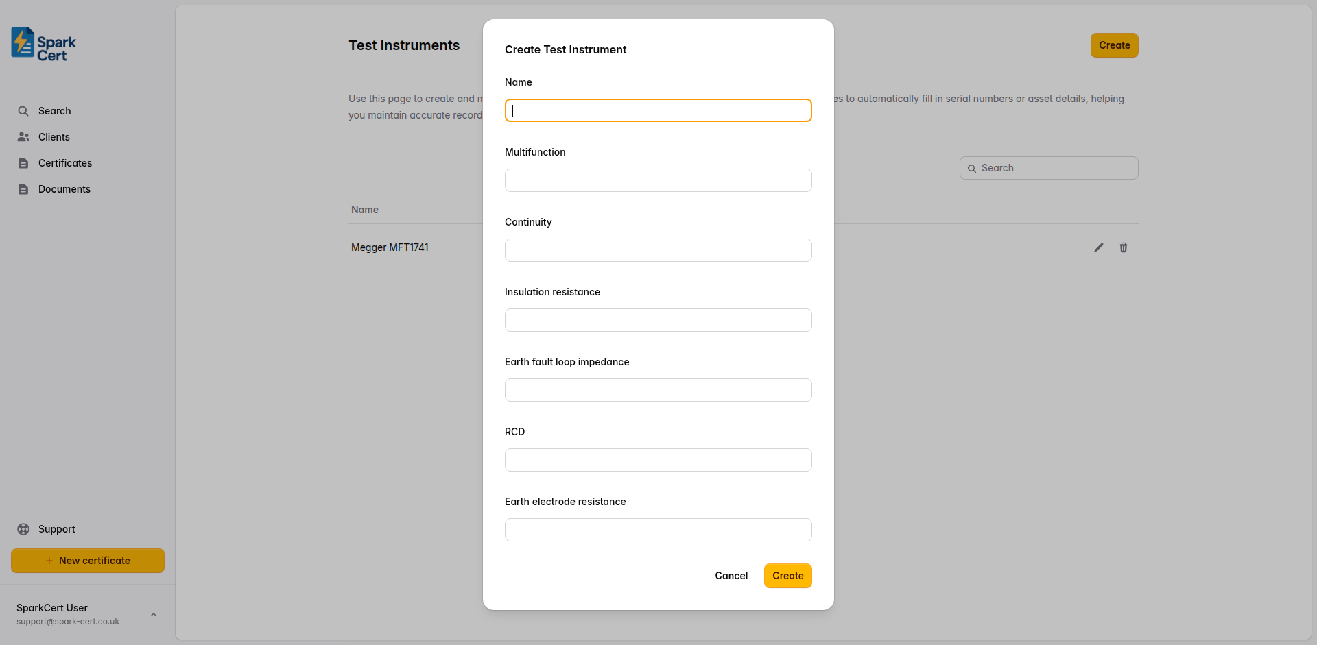 The create test instrument form showing name and capability checkboxes